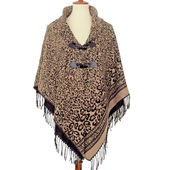Accessory St New York Jackets & Blazers - Fringed Animal Print Open Poncho Wrap Shawl With Frog Button Closures NWOT